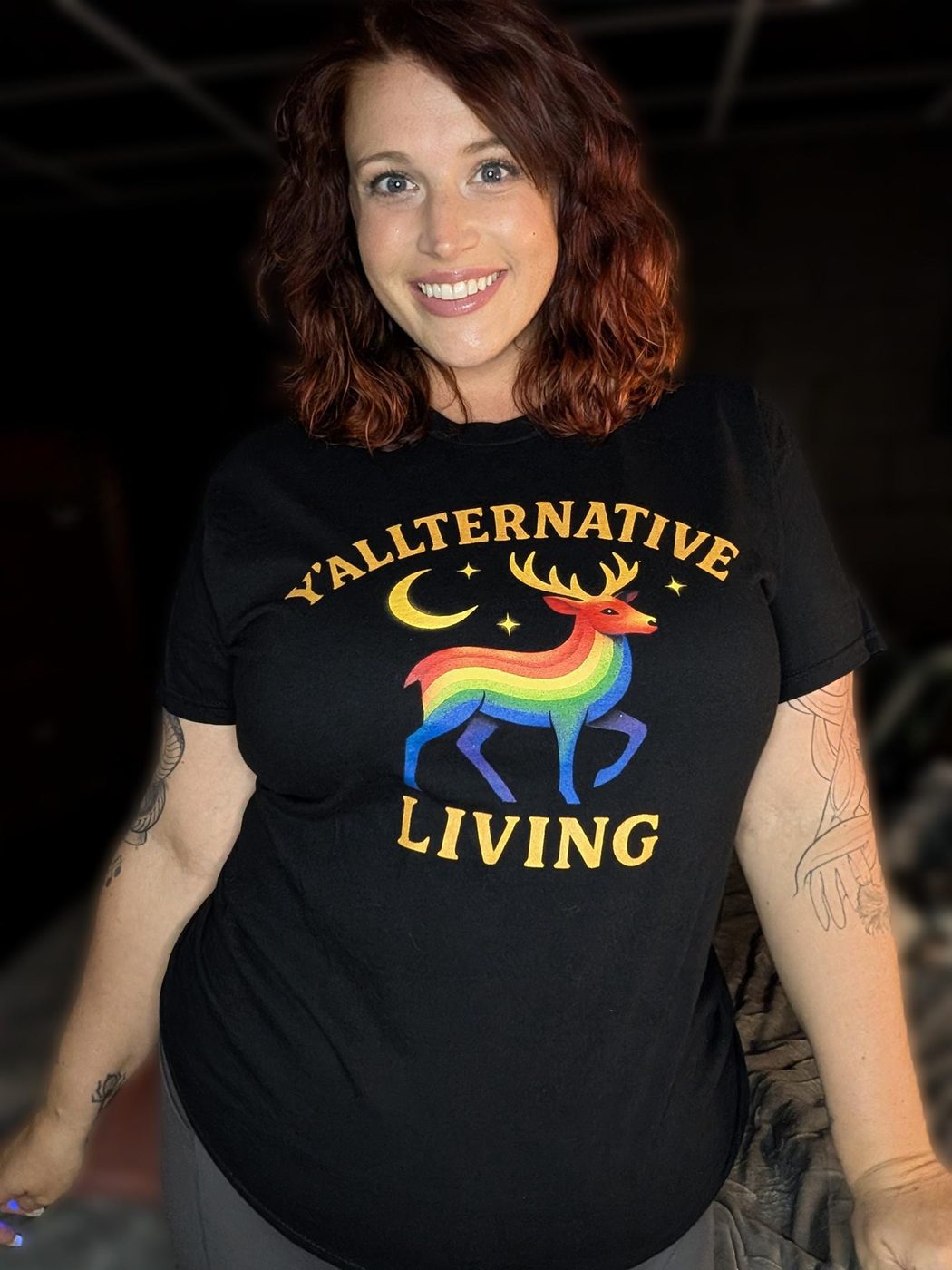 Y'allternative Living founder wearing the brand's unisex tee